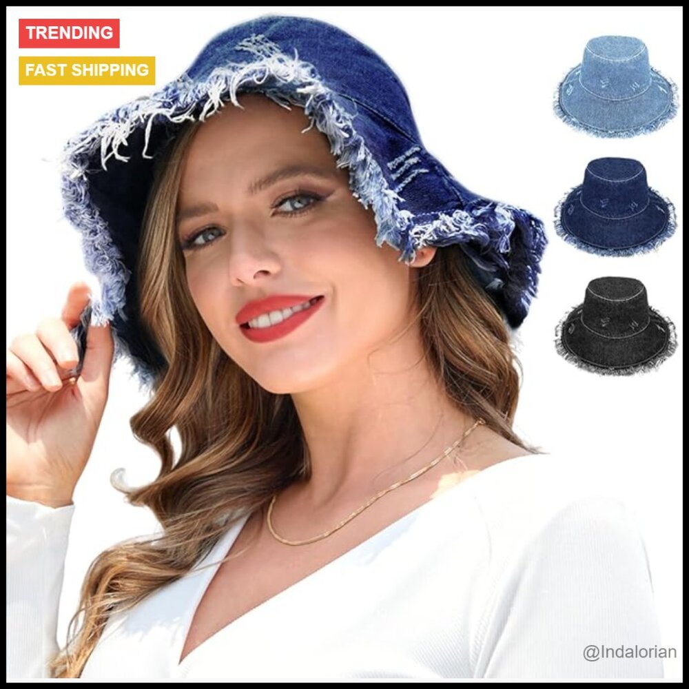 Denim Bucket Hat Frayed Brim Fitted Casual Outdoor Summer Y2k Retro